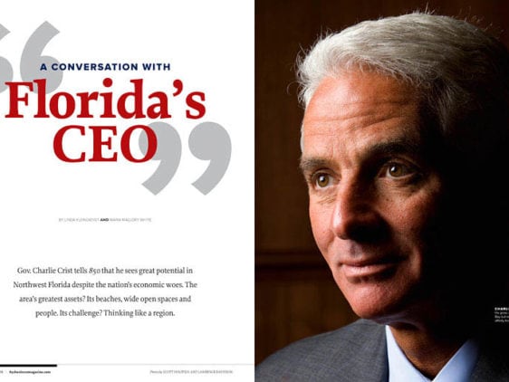 A dramatic portrait of Florida Governor Charlie Crist in the opening spread in 850 business magazine.