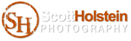 Scott Holstein Photography logo and nameplate. Includes a circular branding iron brand with the initials 