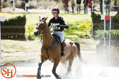 Animation of a horse stumbling in a water feature and nearly throwing off its rider at Red Hills Horse Trials in Tallahassee.