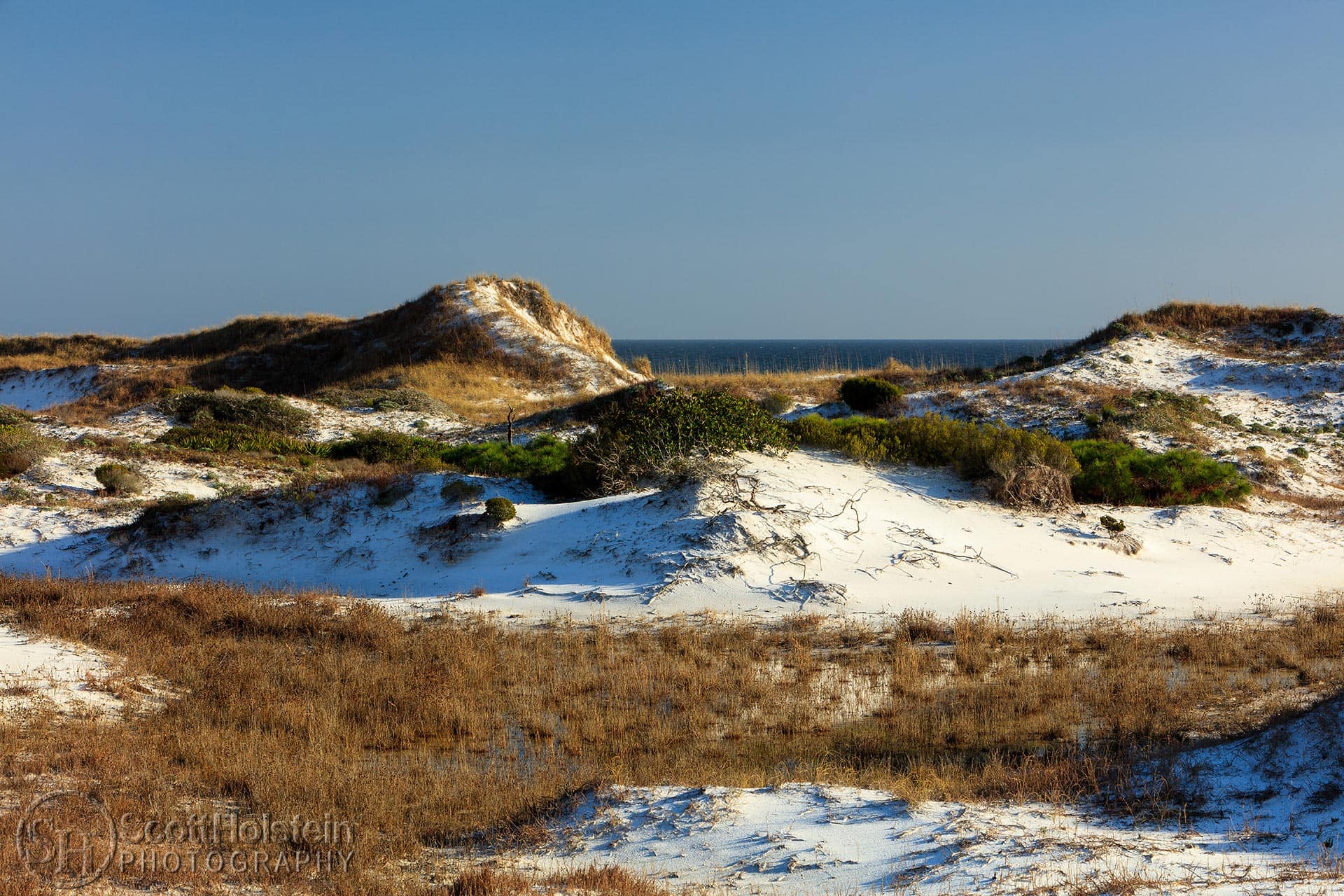 Topsail Hill Preserve State Park sand dunes in Santa Rosa Beach, Florida.